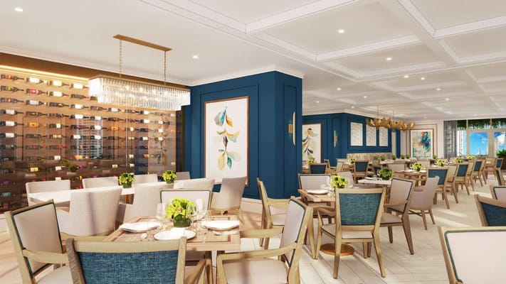 Elegant dining room with blue accents and wine display