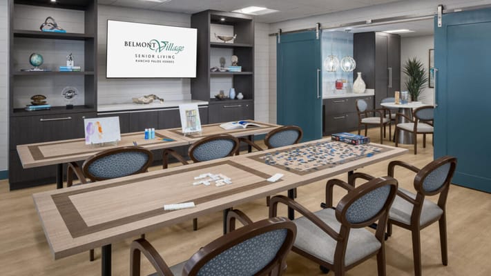 Common area with tables for activities and displays