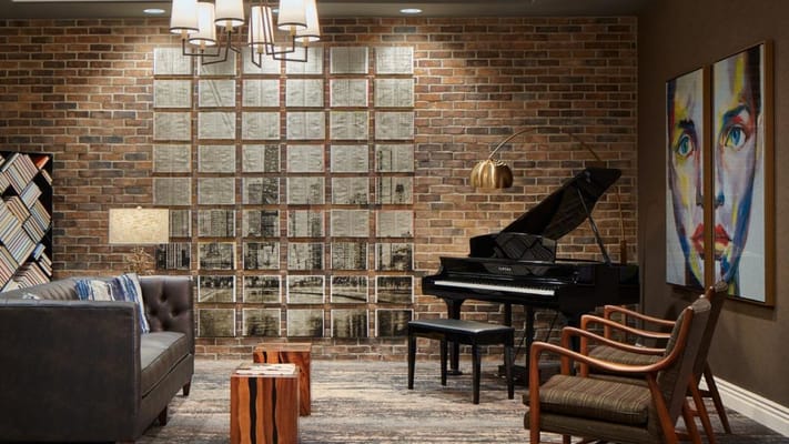 Cozy interior of a living room with a piano