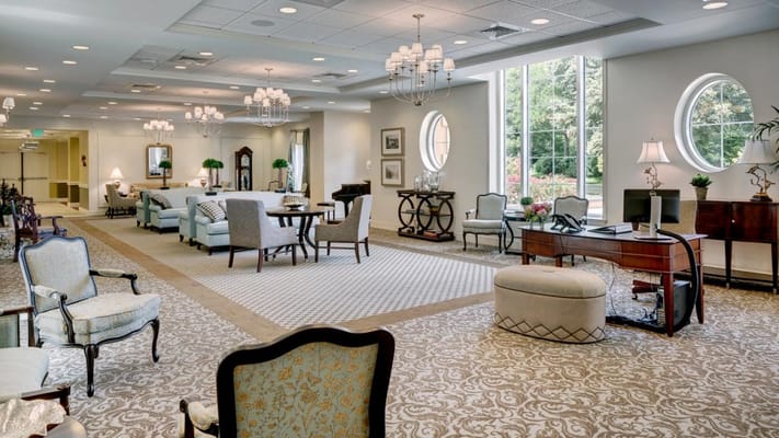 Bright and elegant common area in a senior living facility