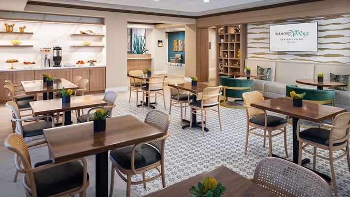 Bright dining area with modern tables and decor