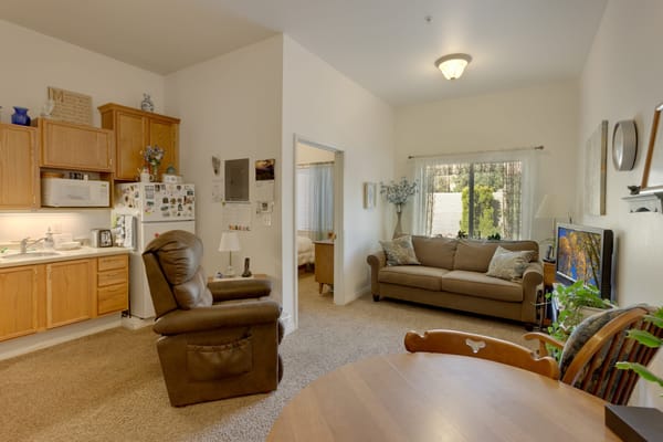 Cozy interior of a resident's living space with kitchenette