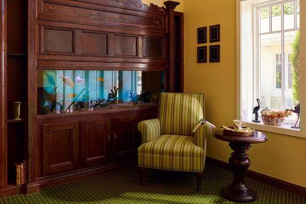 Cozy interior with an aquarium and seating area