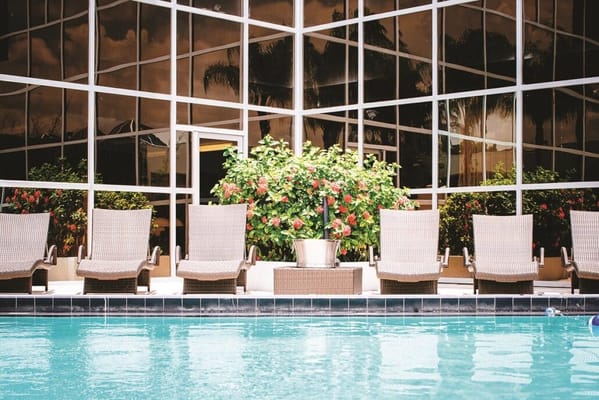 Swimming pool area with lounge chairs and greenery