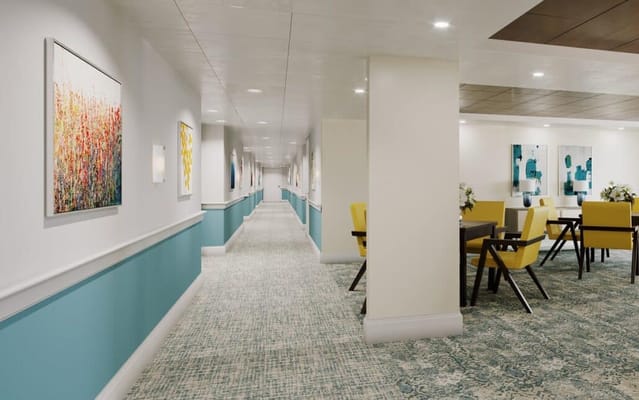 Bright and modern hallway in a senior living facility