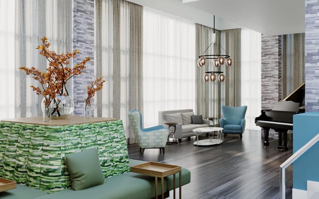 Bright and modern common area with seating and piano