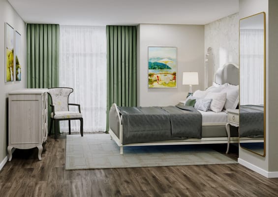 A stylish private resident room with a bed and artwork