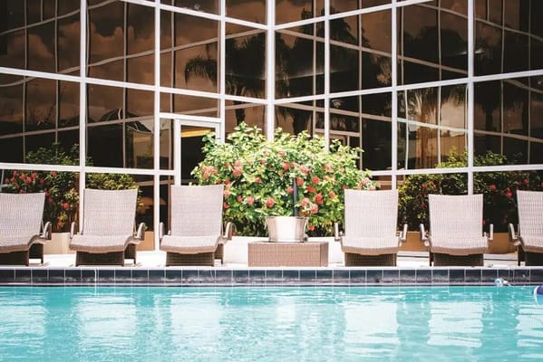 Swimming pool area with lounge chairs and plants