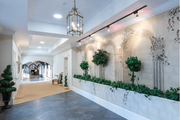 Interior hallway with decorative plants and lighting