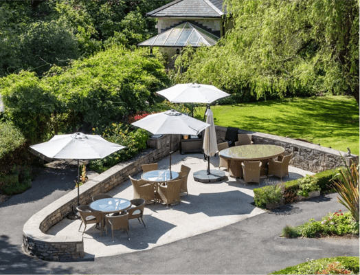Beautiful outdoor seating area with umbrellas
