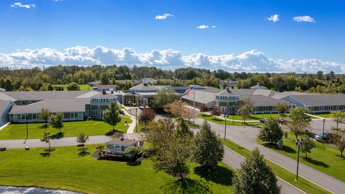 Aerial view of Bristol Village's outdoor spaces and buildings