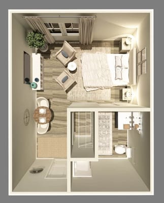 Layout of a private resident room with furnishings