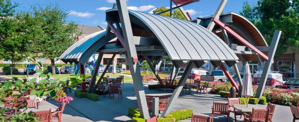 Outdoor seating area with unique architectural structure