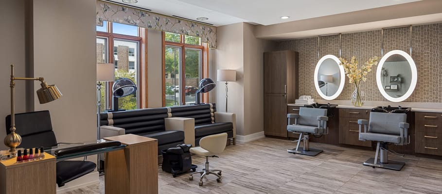 Hair salon area in a contemporary senior living facility