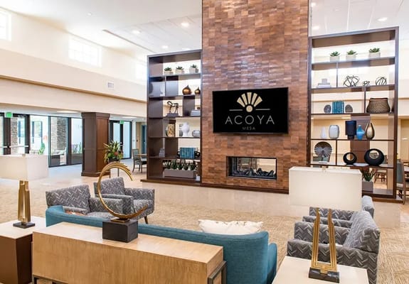 Interior lobby with facility logo and modern furnishings