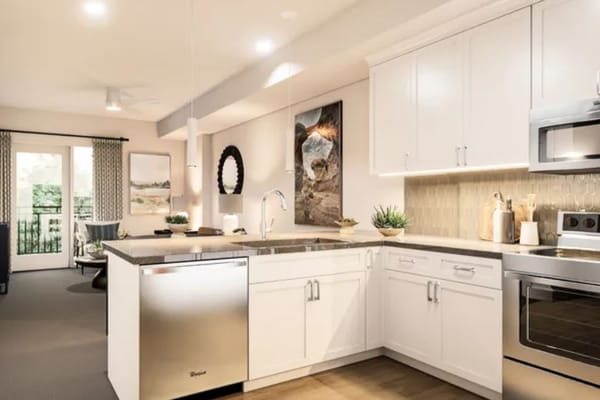 Bright, modern kitchen in a senior facility apartment