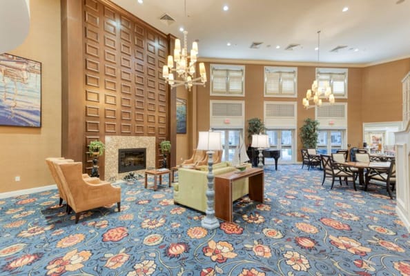 Interior common area with seating and decorative elements