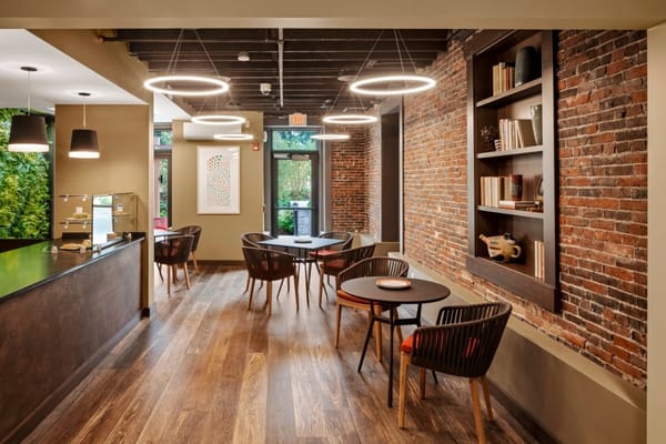 Cozy lounge with modern chairs and a view of the garden