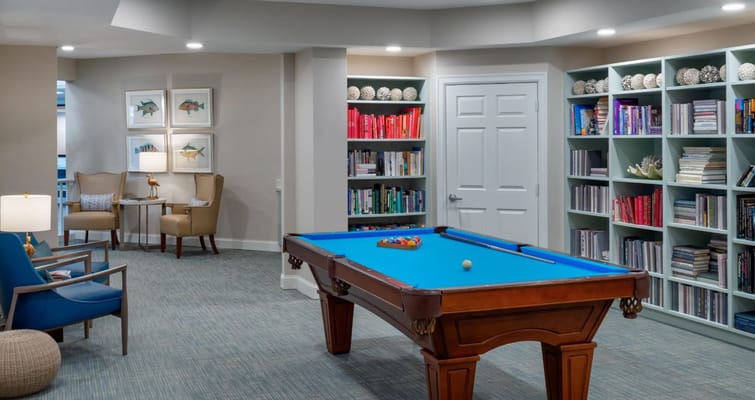 Common area featuring a pool table and bookshelves