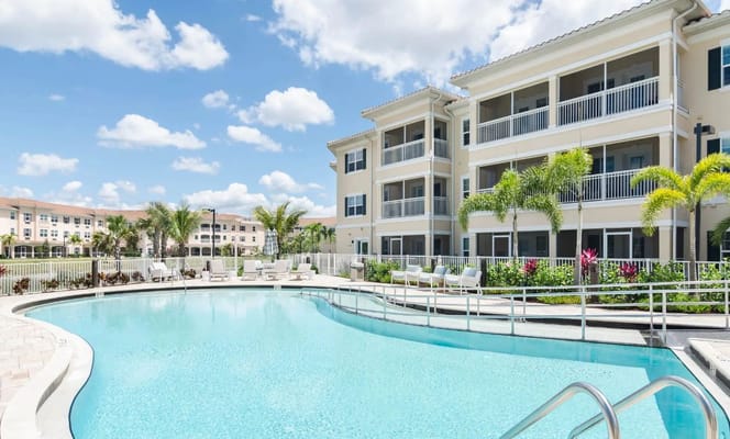 Exterior view of a pool area at the facility