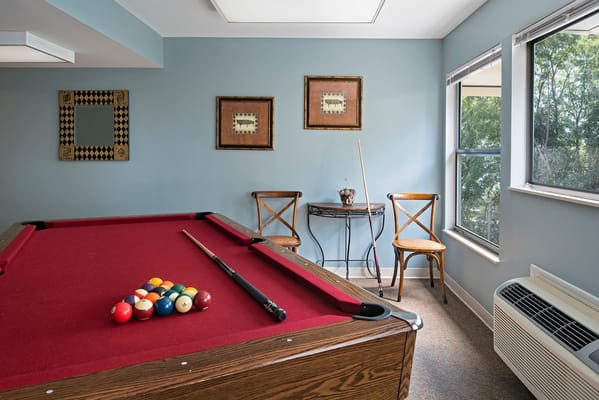 Interior view of a common area with a pool table