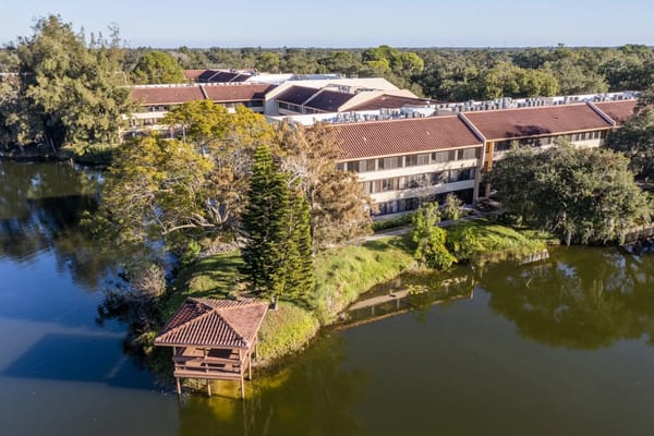 Aerial view of the American House Sarasota with water features