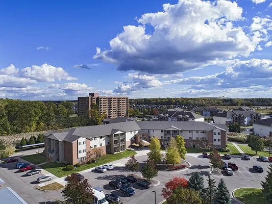 Aerial view of the assisted living facility buildings and grounds