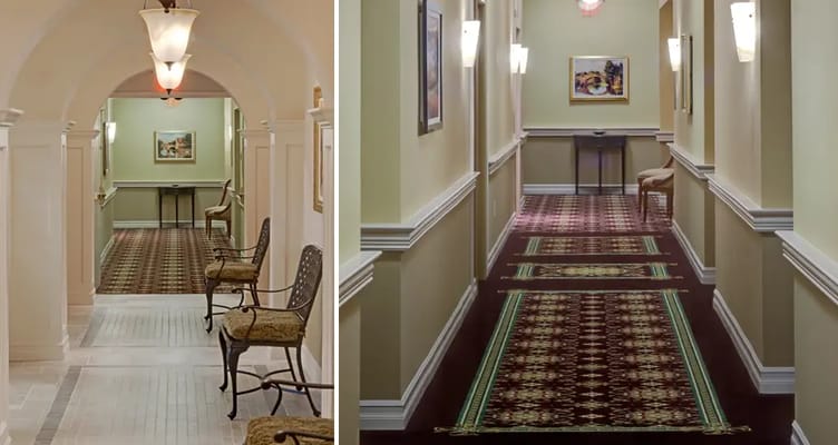 Well-lit corridor of a facility with decorative carpet