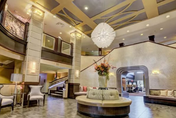 Bright lobby area with seating and modern decor