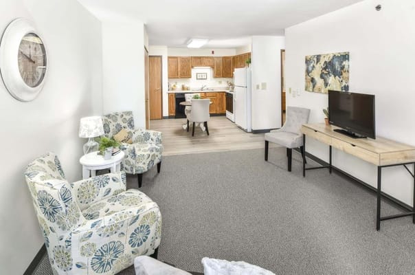 Bright common area in a modern assisted living facility