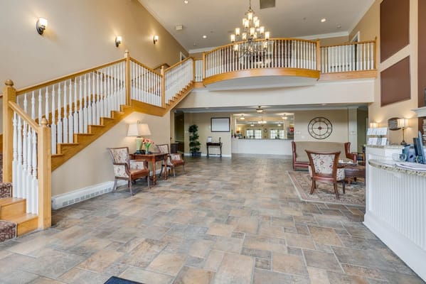 Interior view of a spacious lobby with seating