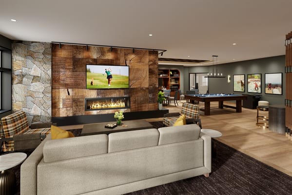 Cozy interior lounge area with fireplace and seating