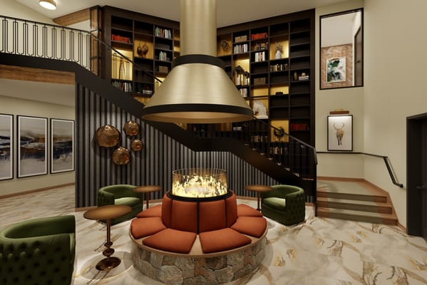 Interior common area with a fireplace and seating