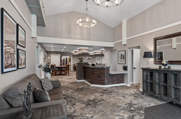 Welcoming lobby area with seating and reception desk