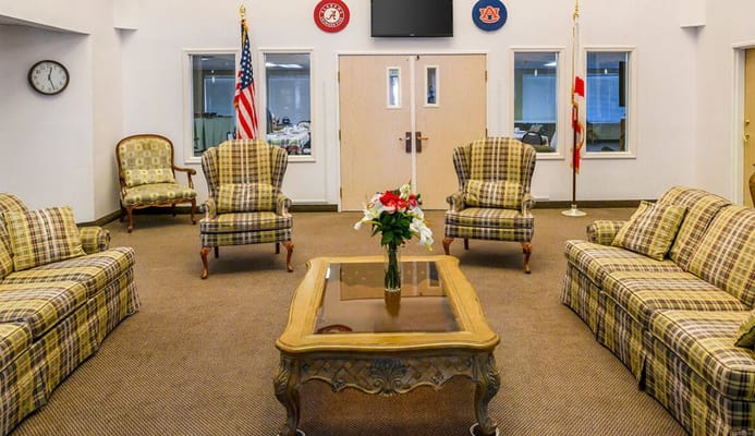 Bright common area with seating and decorations