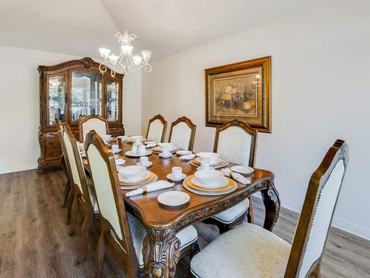 Elegant dining room setup with a large table