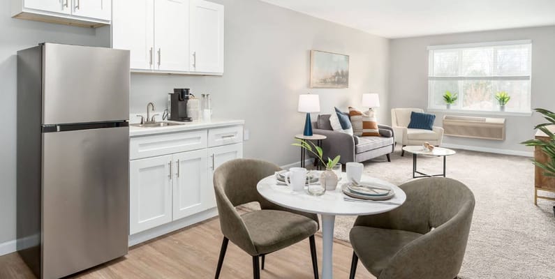 Bright interior of a designed living space with furniture