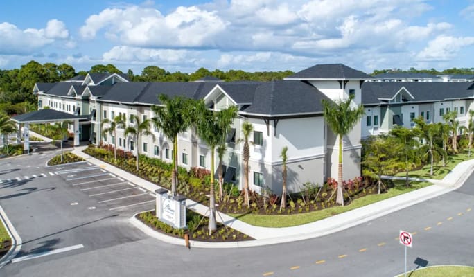 Exterior view of Atrium at Liberty Park senior living facility