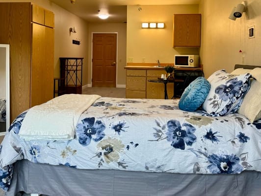 A well-decorated private room with a bed and kitchenette
