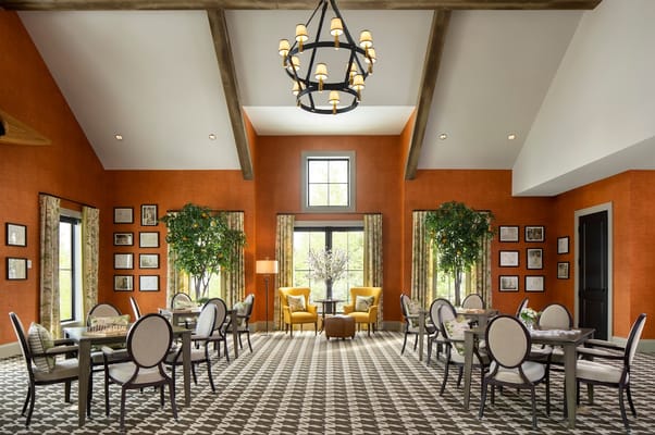 Interior view of a cozy common area with seating