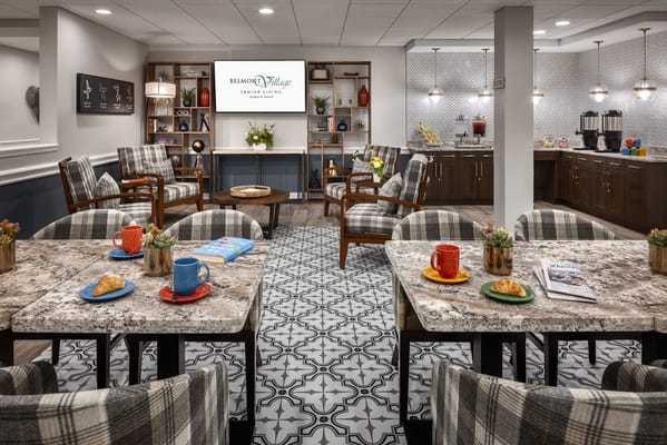 Common area with seating and refreshments for residents