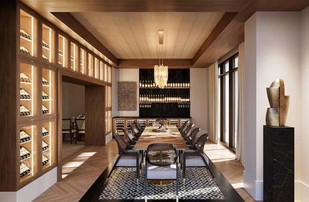Stylish dining room with a large table and wine display