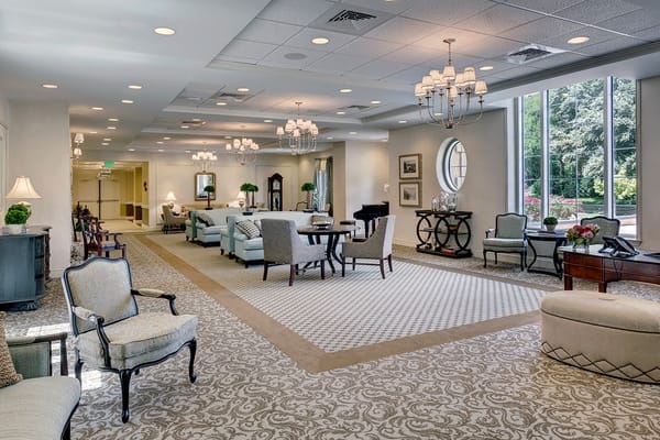 Interior of a cozy common area in a senior living facility