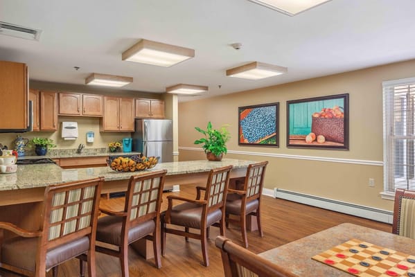 Bright dining area with a large kitchen counter