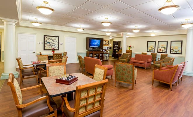 Interior of a cozy common area with seating