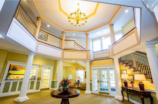 Bright interior of a senior living facility lobby