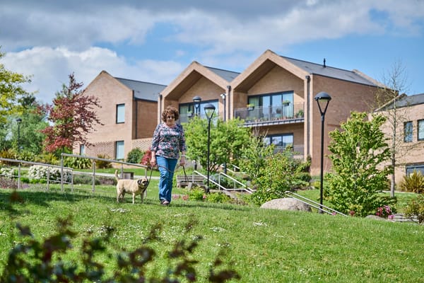 A resident walking a dog in the garden area of the facility