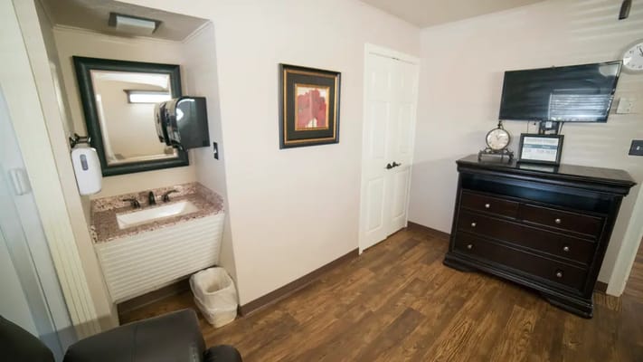 Interior view of a resident room with a bathroom