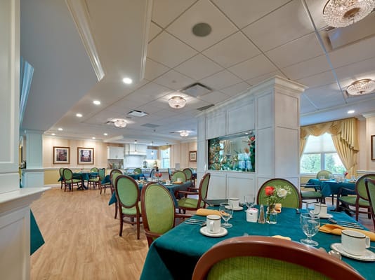Elegant dining room with green chairs and a fish tank