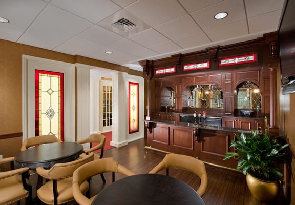 Interior of a common area with bar seating
